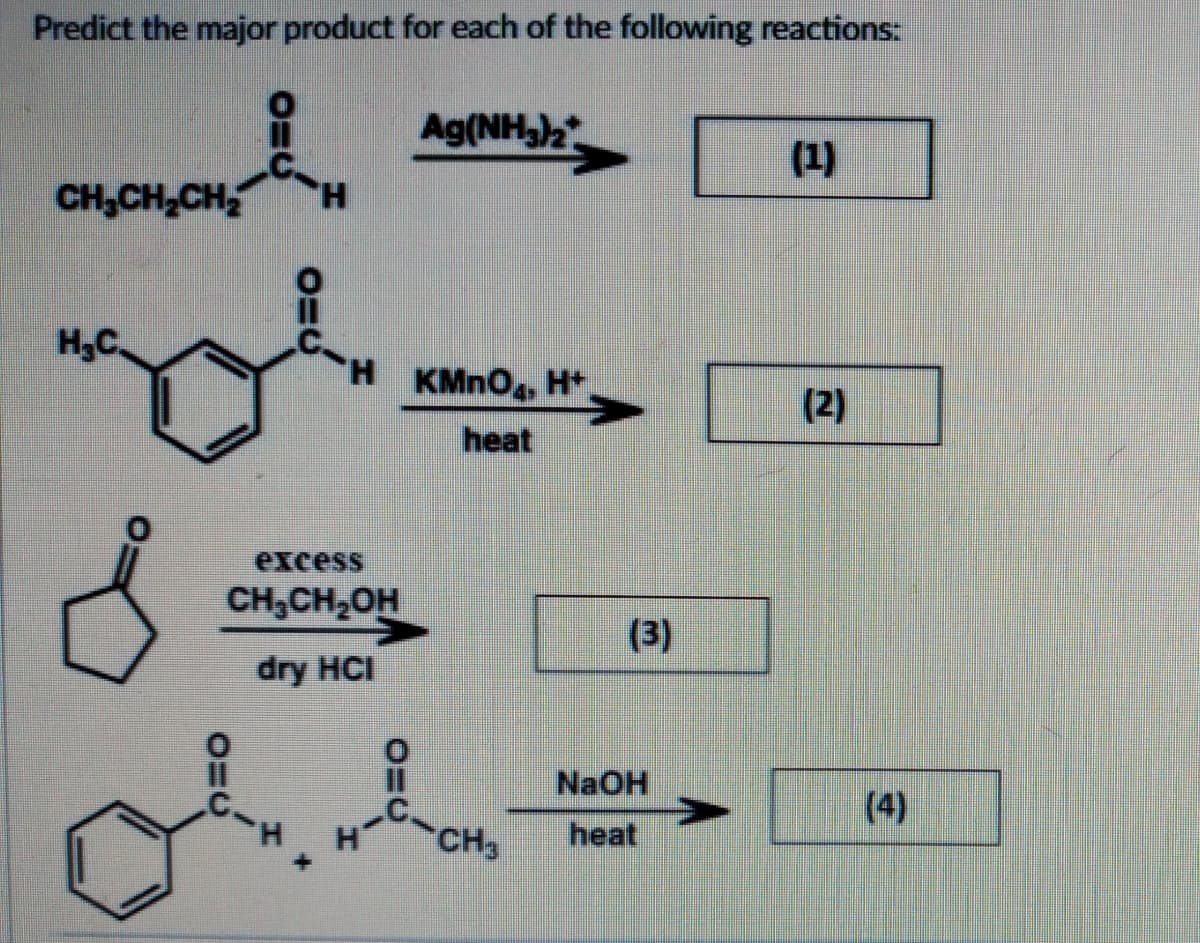 Predict the major product for each of the following reactions:
awart
CH₂CH₂CH₂
H₂C.
C-H
gol.
excess
CH₂CH₂OH
dry HCI
Ag(NH3)2
H-
KMnO4, H+
heat
CH3
(3)
NaOH
heat
(1)
(2)
(4)