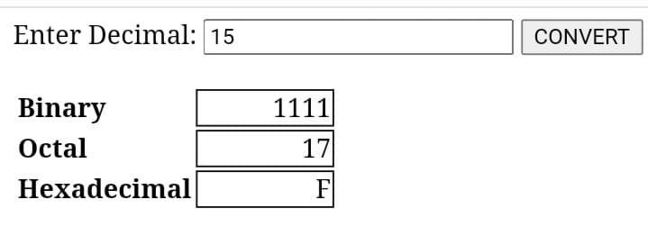 Enter Decimal: 15
CONVERT
Binary
1111
Octal
17
Hexadecimal
F
