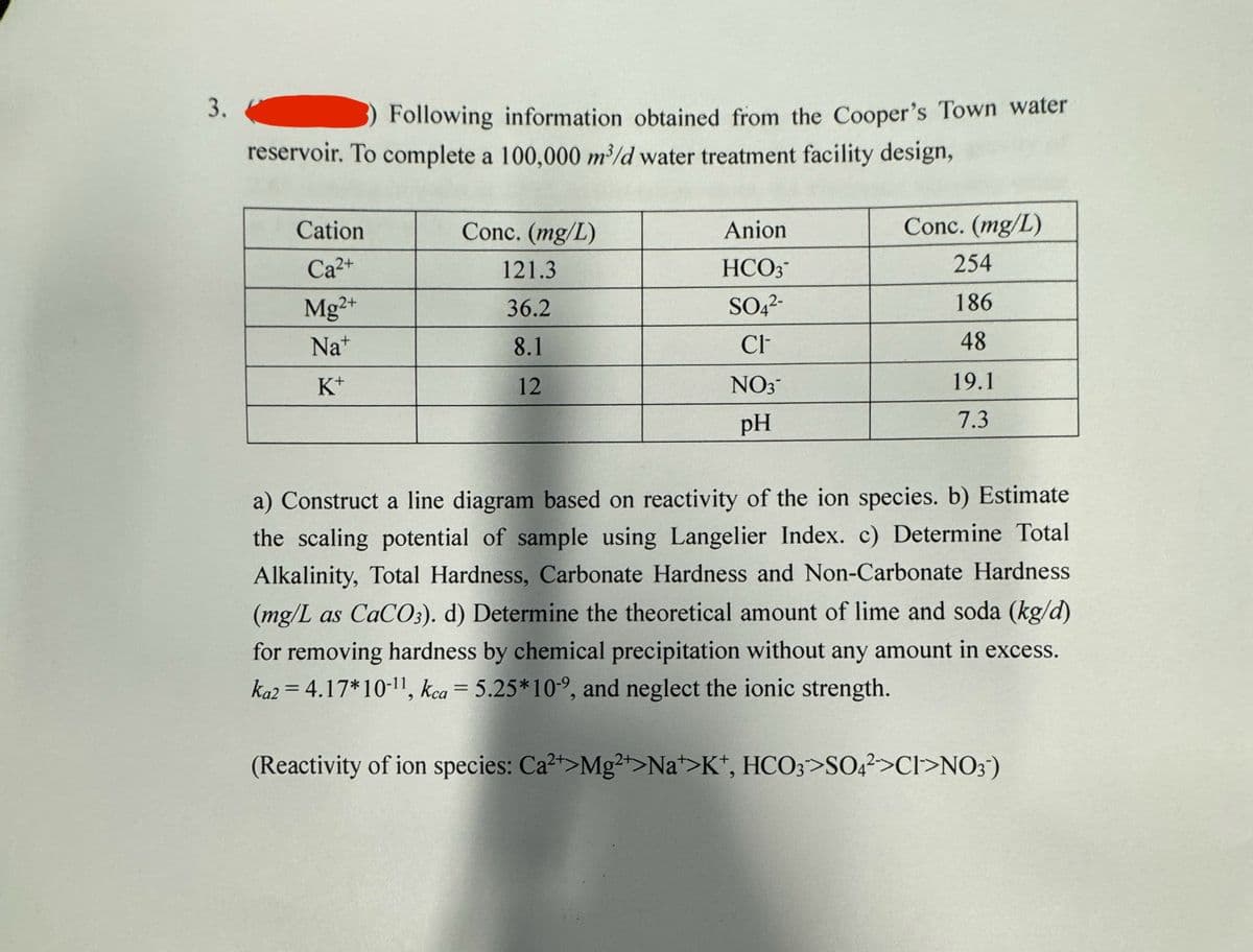 3.
Following information obtained from the Cooper's Town water
reservoir. To complete a 100,000 m³/d water treatment facility design,
Cation
Ca2+
Conc. (mg/L)
Anion
Conc. (mg/L)
121.3
HCO3
254
Mg2+
36.2
SO42-
186
Na+
8.1
CI
48
K+
12
NO3
pH
19.1
7.3
a) Construct a line diagram based on reactivity of the ion species. b) Estimate
the scaling potential of sample using Langelier Index. c) Determine Total
Alkalinity, Total Hardness, Carbonate Hardness and Non-Carbonate Hardness
(mg/L as CaCO3). d) Determine the theoretical amount of lime and soda (kg/d)
for removing hardness by chemical precipitation without any amount in excess.
ka2 = 4.17*10-11, kca = 5.25*10-⁹, and neglect the ionic strength.
(Reactivity of ion species: Ca2+>Mg2+>Na+>K+, HCO3>SO4²->CI>NO3¯)