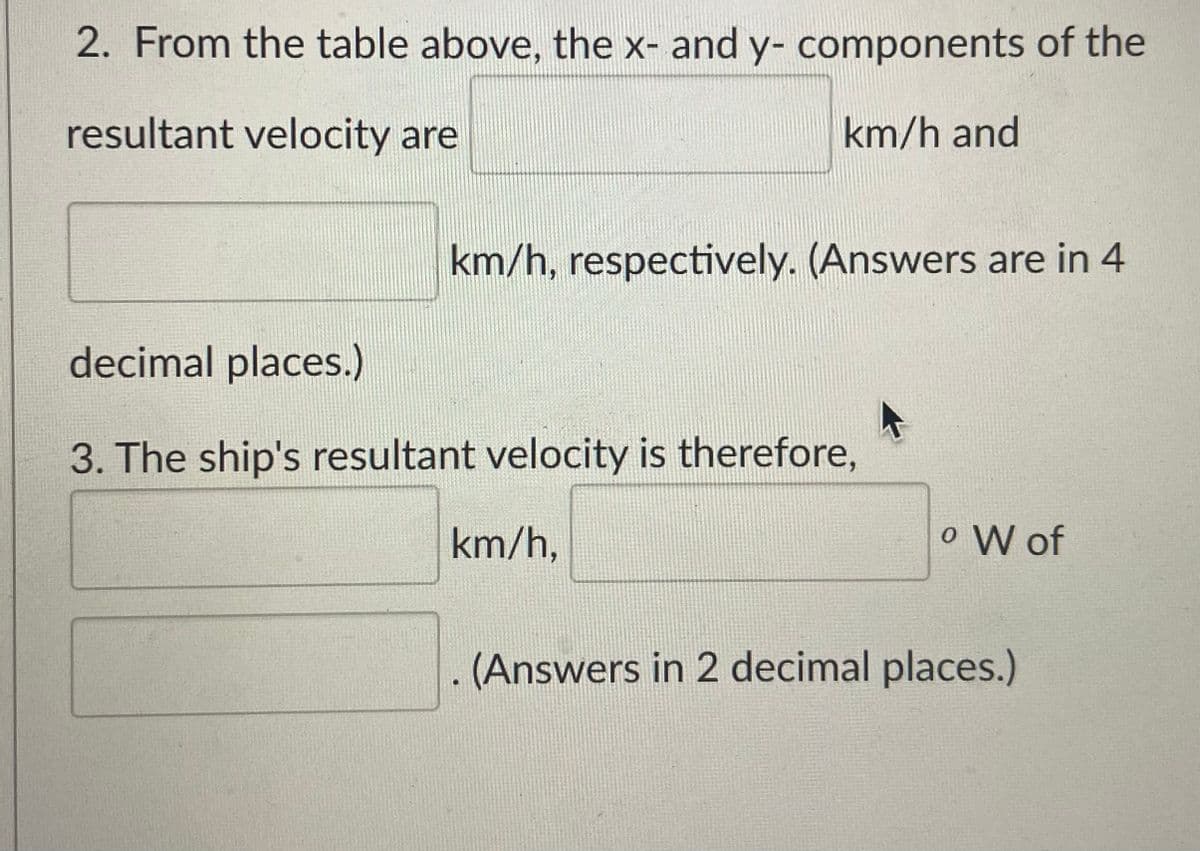 2. From the table above, the x- and y- components of the
resultant velocity are
km/h and
km/h, respectively. (Answers are in 4
decimal places.)
3. The ship's resultant velocity is therefore,
km/h,
o W of
.(Answers in 2 decimal places.)
