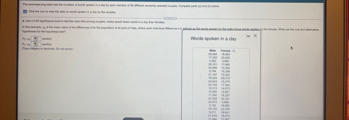 The accompanying table lists the numbers of words spoken in a day by each member of 56 different randomly selected couples. Complete parts (a) and (b) below.
Click the icon to view the data on words spoken in a day by the couples.
a. Use a 0.05 significance level to test the claim that among couples, males speak fewer words in a day than females.
In this example, H is the mean value of the differences d for the population of all pairs of data, where each individual difference d is defined as the words spoken by the male minus words spoken by the female. What are the null and alternative
hypotheses for the hypothesis test?
Words spoken in a day
Pri:0H
H1: Hd
word(s)
word(s)
(Type integers or decimals. Do not round.)
Male
Female D
29,284
17,332
5,352
26,161
24,846
6,794
21,197
16,504
24,643
20,154
10,213
10,483
11,350
23,359
20,973
2,122
19,124
9,211
21,618
18,954
23,005
4,690
17,965
13,282
15,336
10,322
20,515
15,075
17,304
14,973
12,851
16,237
22,321
5,666
18,665
23,104
19,641
16,073
12.067
17.064
