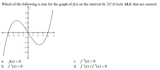 Which of the following is true for the graph of flx) on the interval (0, 2)? (Circle ALL that are correct)
4 -3 -2
2
/4
-3 -
a. f(x) > 0
b. f'(x) > 0
c. f"(x) > 0
d. f'(x)×f "(x) < 0
