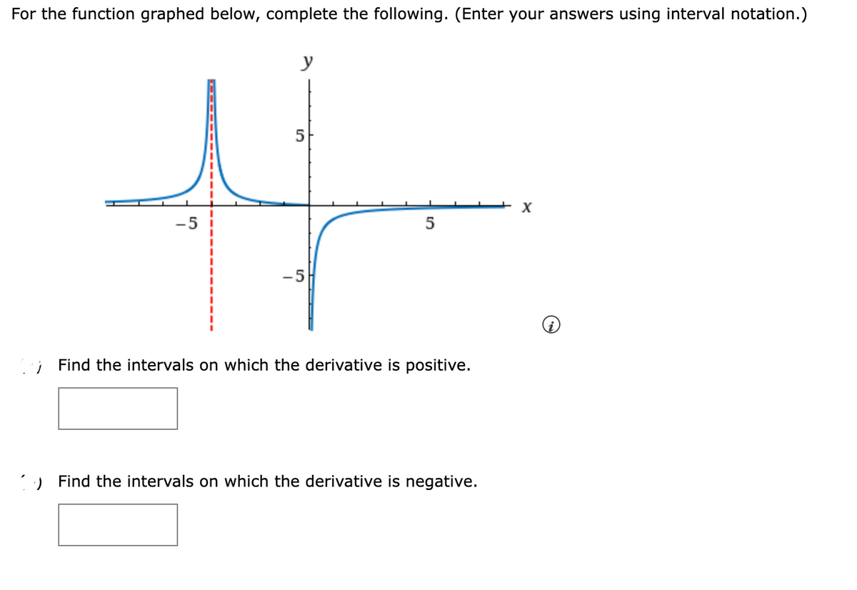 For the function graphed below, complete the following. (Enter your answers using interval notation.)
20
S
y
5
-5
5
Find the intervals on which the derivative is positive.
.) Find the intervals on which the derivative is negative.
X