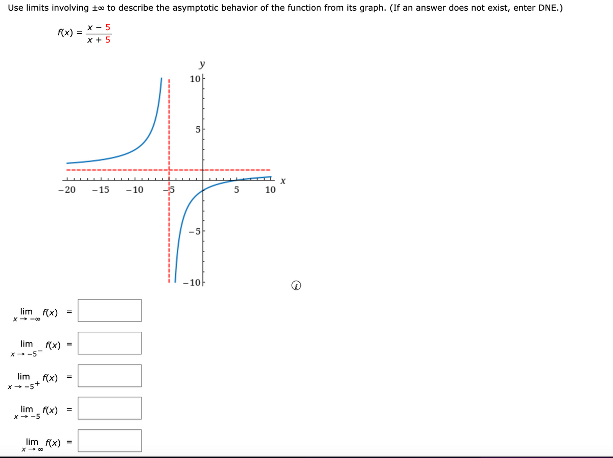 Use limits involving to to describe the asymptotic behavior of the function from its graph. (If an answer does not exist, enter DNE.)
X-8
lim f(x)
X→-5-
lim f(x)
lim
x → −5+
f(x)
J
- 20
X→-5
f(x)
lim_ _ f(x)
x →∞0
lim f(x)
=
=
=
=
=
X-5
x + 5
-15 -10
y
10
5
-5
-10F
5
10
X