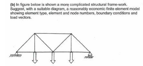 (b) In figure below is shown a more complicated structural frame-work.
Suggest, with a suitable diagram, a reasonably economic finite element model
showing element type, element and node numbers, boundary conditions and
load vectors.
mmm