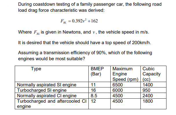 During coastdown testing of a family passenger car, the following road
load drag force characteristic was derived:
FRL = 0.392v²+162
Where FRL is given in Newtons, and v, the vehicle speed in m/s.
It is desired that the vehicle should have a top speed of 200km/h.
Assuming a transmission efficiency of 90%, which of the following
engines would be most suitable?
Type
BMEP
(Bar)
Maximum
Engine
Cubic
Capacity
Speed (rpm)
(CC)
Normally aspirated SI engine
11
6500
1400
Turbocharged Sl engine
16
6000
950
Normally aspirated Cl engine
8.5
4500
2400
Turbocharged and aftercooled CI 12
4500
1800
engine