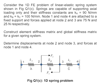Consider the 1D FE problem of linear-elastic spring system
shown in Fig Q1(c). Springs are capable of supporting axial
loading only and their stiffness constants are K₁ = 90 N/mm
and kB kc 100 N/mm. Node 1 and node 4 are attached to a
fixed support and forces applied at node 2 and 3 are 75 N and
25 N respectively.
Construct element stiffness matrix and global stiffness matrix
for a given spring system.
Determine displacements at node 2 and node 3, and forces at
node 1 and node 4.
F₂
KB
kc
3
2
F₁
B
Fig Q1(c): 1D spring problem