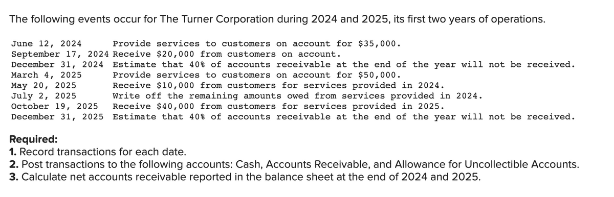 The following events occur for The Turner Corporation during 2024 and 2025, its first two years of operations.
June 12, 2024
Provide services to customers on account for $35,000.
September 17, 2024 Receive $20,000 from customers on account.
December 31, 2024
March 4, 2025
May 20, 2025
July 2, 2025
October 19, 2025
December 31, 2025
Estimate that 40% of accounts receivable at the end of the year will not be received.
Provide services to customers on account for $50,000.
Receive $10,000 from customers for services provided in 2024.
Write off the remaining amounts owed from services provided in 2024.
Receive $40,000 from customers for services provided in 2025.
Estimate that 40% of accounts receivable at the end of the year will not be received.
Required:
1. Record transactions for each date.
2. Post transactions to the following accounts: Cash, Accounts Receivable, and Allowance for Uncollectible Accounts.
3. Calculate net accounts receivable reported in the balance sheet at the end of 2024 and 2025.