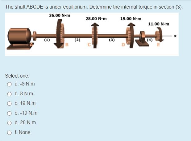 The shaft ABCDE is under equilibrium. Determine the internal torque in section (3).
36.00 N-m
28.00 N-m
19.00 N-m
11.00 N-m
(1)
(3)
(4)
Select one:
O a. -8 N.m
O b. 8 N.m
O c. 19 N.m
O d. -19 N.m
e. 28 N.m
O f. None
