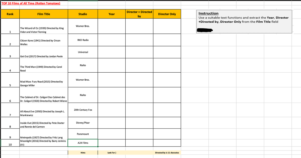 TOP 10 Films of All Time (Rotten Tomatoes)
Director + Directed
Instruction
Use a suitable text functions and extract the Year, Director
+Directed by, Director Only from the Film Title field
Rank
Film Title
Studio
Year
Director Only
by
Warner Bros.
The Wizard of Oz (1939) Directed by King
1
Vidor and Victor Fleming
Citizen Kane (1941) Directed by Orson
RKO Radio
2
Welles
Universal
Get Out (2017) Directed by Jordan Peele
Rialto
The Third Man (1949) Directed by Carol
4
Reed
Warner Bros.
Mad Max: Fury Road (2015) Directed by
5
George Miller
Rialto
The Cabinet of Dr. Caligari Das Cabinet des
Dr. Caligari (1920) Directed by Robert Wiene
20th Century Fox
All About Eve (1950) Directed by Joseph L.
7
Mankiewicz
Inside Out (2015) Directed by Pete Docter
Disney/Pixar
8
and Ronnie del Carmen
Paramount
Metropolis (1927) Directed by Fritz Lang
Moonlight (2016) Directed by Barry Jenkins
A24 Films
10
(III)
Hints
Look for )
Directed by is 11 charactes
