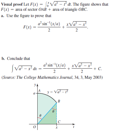 Visual proof Let F(x) = S¿ Vď – ² đt. The figure shows that
F(x) = area of sector OAB + area of triangle OBC.
%3D
a. Use the figure to prove that
a sin'(x/a) , xVa – x²
F(x) =
b. Conclude that
a² sin-"(x/a) xVa – x?
+ C.
2
(Source: The College Mathematics Journal, 34, 3, May 2003)
y.
A
a
y = Va? -
B
