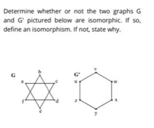 Determine whether or not the two graphs G
and G' pictured below are isomorphic. If so,
define an isomorphism. If not, state why.

