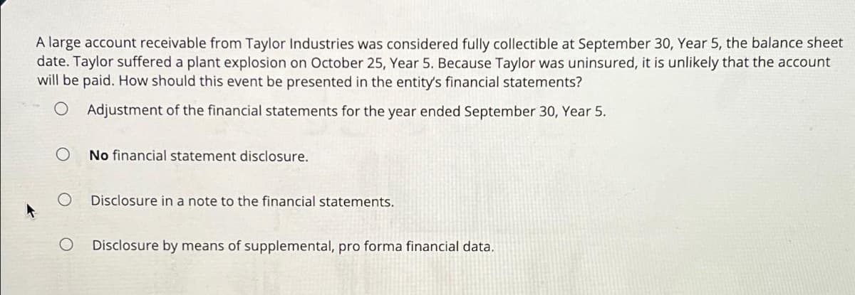 A large account receivable from Taylor Industries was considered fully collectible at September 30, Year 5, the balance sheet
date. Taylor suffered a plant explosion on October 25, Year 5. Because Taylor was uninsured, it is unlikely that the account
will be paid. How should this event be presented in the entity's financial statements?
Adjustment of the financial statements for the year ended September 30, Year 5.
No financial statement disclosure.
Disclosure in a note to the financial statements.
Disclosure by means of supplemental, pro forma financial data.