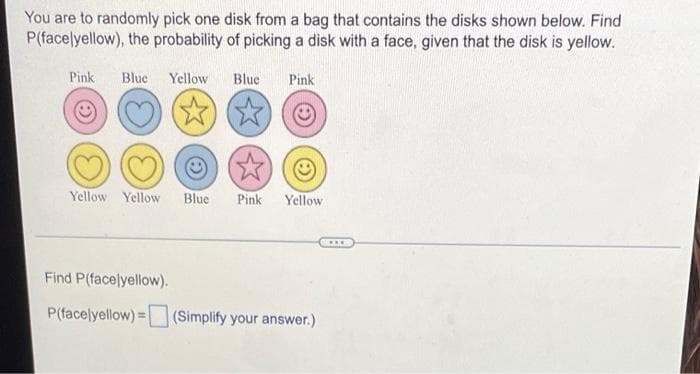 You are to randomly pick one disk from a bag that contains the disks shown below. Find
P(facelyellow), the probability of picking a disk with a face, given that the disk is yellow.
Pink
O
Blue Yellow
W
Blue
W
Pink
C
W
Yellow Yellow Blue Pink Yellow
Find P(facelyellow).
P(facelyellow)= (Simplify your answer.)
www