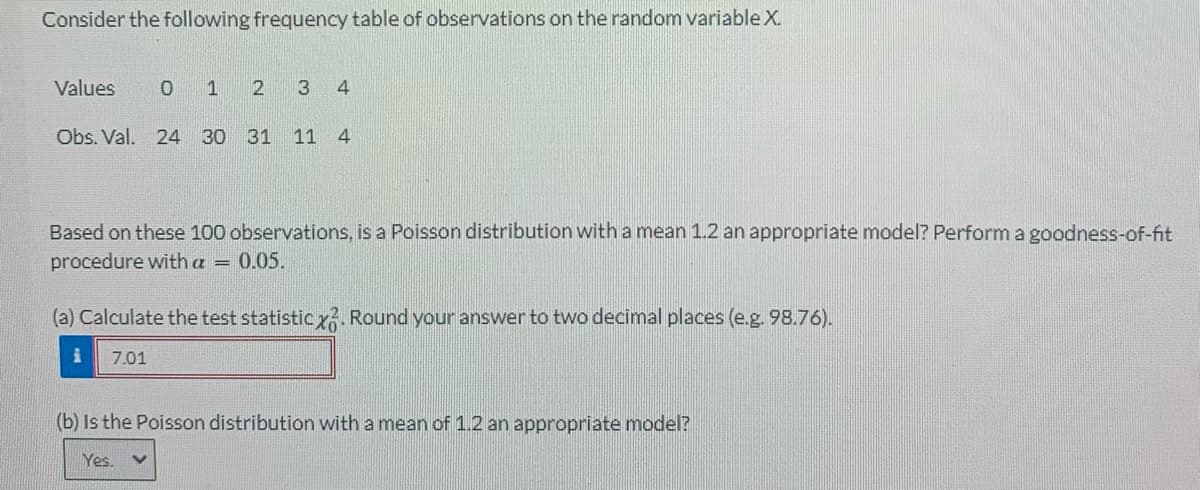 Consider the following frequency table of observations on the random variable X.
Values
0 1
2
3 4
Obs. Val. 24 30 31 11 4
Based on these 100 observations, is a Poisson distribution with a mean 1.2 an appropriate model? Perform a goodness-of-fit
procedure with a = 0.05.
(a) Calculate the test statistic x. Round your answer to two decimal places (e.g. 98.76).
i 7.01
(b) Is the Poisson distribution with a mean of 1.2 an appropriate model?
Yes. V