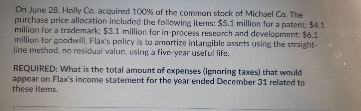 On June 28, Holly Co. acquired 100% of the common stock of Michael Co. The
purchase price allocation included the following items: $5.1 million for a patent; $4.1
million for a trademark; $3.1 million for in-process research and development; $6.1
million for goodwill. Flax's policy is to amortize intangible assets using the straight-
line method, no residual value, using a five-year useful life.
REQUIRED: What is the total amount of expenses (ignoring taxes) that would
appear on Flax's income statement for the year ended December 31 related to
these items.
