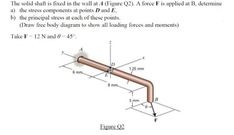 The solid shaft is fixed in the wall at A (Figure Q2). A force F is applied at B, determine
a) the stress components at points D and E,
b) the principal stress at each of these points.
(Draw free body diagram to show all loading forces and moments)
Take F = 12 N and 0 = 45°.
1,25 mm
6 mm.
8 mm.
3 mm
B
F
Figure Q2
