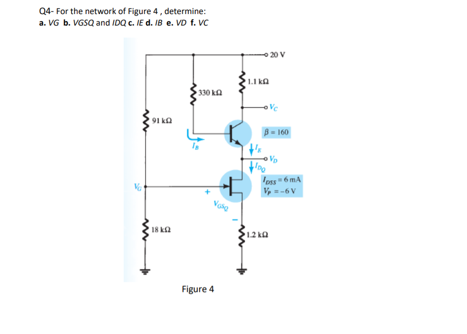 Q4- For the network of Figure 4, determine:
a. VG b. VGSQ and IDQ c. IE d. IB e. VD f. VC
O 20 V
1.1 k.
330 k2
Vc
91 ΚΩ
B = 160
VD
Ipss = 6 mA
Vp = -6 V
VG
18 k2
1.2 kQ
Figure 4
