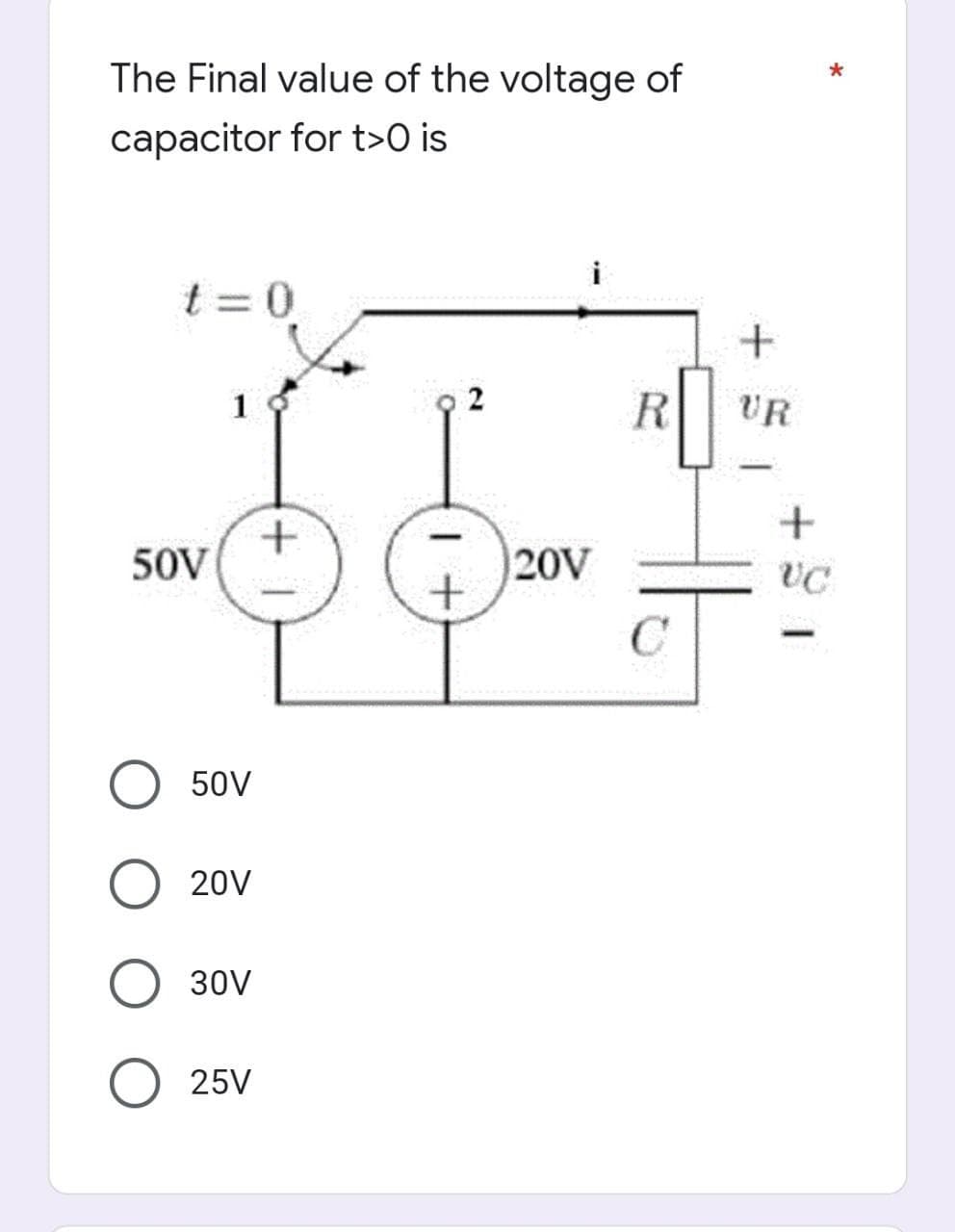 The Final value of the voltage of
capacitor for t>0 is
t=0
50V
1
50V
O 20V
30V
O 25V
+
19 2
20V
R
C
+
UR
+
VC