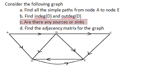 Consider the following graph
a. Find all the simple paths from node A to node E
b. Find indeg(D) and outdeg(D)
c. Are there any sources or sinks
d. Find the adjacency matrix for the graph
