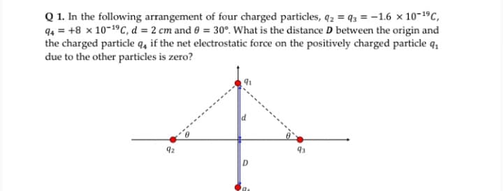Q 1. In the following arrangement of four charged particles, q2 = q3 = -1.6 x 10-1ºC,
94 = +8 x 10-1ºC, d = 2 cm and 0 = 30°. What is the distance D between the origin and
the charged particle q, if the net electrostatic force on the positively charged particle q,
due to the other particles is zero?
92
93
