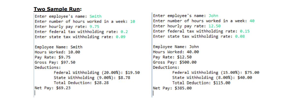 Two Sample Run:
Enter employee's name: Smith
Enter number of hours worked in a week: 10
Enter hourly pay rate: 9.75
Enter federal tax withholding rate: 0.2
Enter state tax withholding rate: .09
Enter employee's name: John
Enter number of hours worked in a week: 40
Enter hourly pay rate: 12.50
Enter federal tax withholding rate: 0.15
Enter state tax withholding rate: .08
Employee Name: Smith
Hours Worked: 10.00
Pay Rate: $9.75
Gross Pay: $97.50
Deductions:
Employee Name: John
Hours Worked: 40.00
Pay Rate: $12.50
Gross Pay: $500.00
Deductions:
Federal withholding (20.00%): $19.50
State withholding (9.00%): $8.78
Total Deduction: $28.28
Federal Withholding (15.00%): $75.00
State withholding (8.00%): $40.00
Total Deduction: $115.00
Net Pay: $69.23
Net Pay: $385.00
