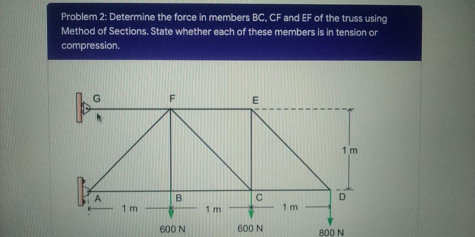 Problem 2: Determine the force in members BC, CF and EF of the truss using
Method of Sections. State whether each of these members is in tension or
compression.
1 m
A
1 m
1 m
1 m
600 N
600 N
800 N
