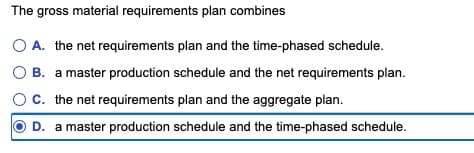 The gross material requirements plan combines
A. the net requirements plan and the time-phased schedule.
B. a master production schedule and the net requirements plan.
C. the net requirements plan and the aggregate plan.
D. a master production schedule and the time-phased schedule.