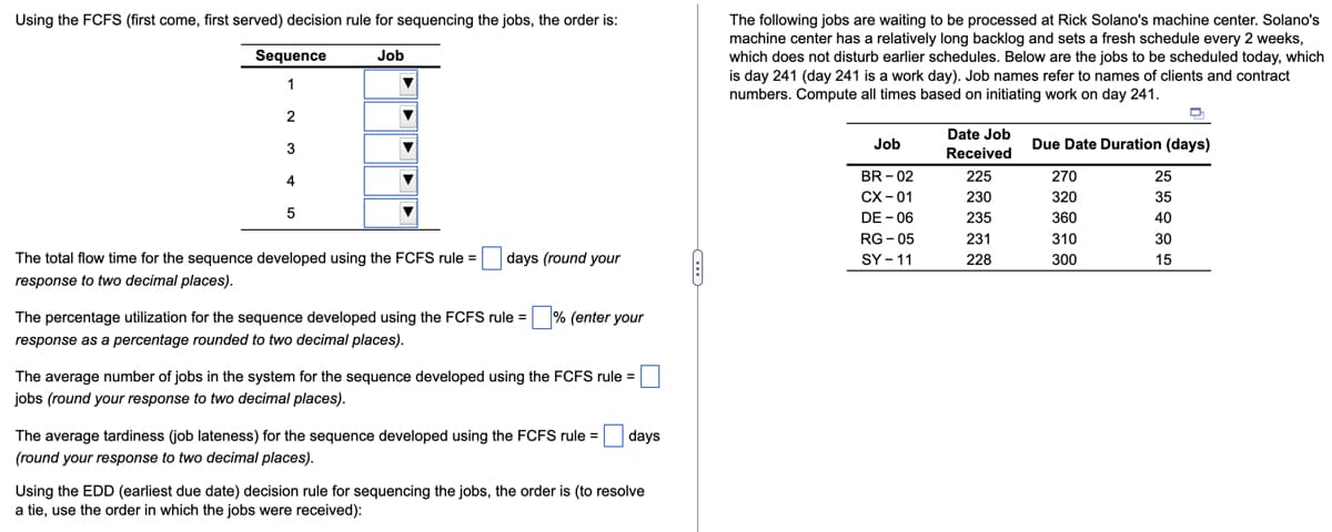 Using the FCFS (first come, first served) decision rule for sequencing the jobs, the order is:
Job
Sequence
1
The following jobs are waiting to be processed at Rick Solano's machine center. Solano's
machine center has a relatively long backlog and sets a fresh schedule every 2 weeks,
which does not disturb earlier schedules. Below are the jobs to be scheduled today, which
is day 241 (day 241 is a work day). Job names refer to names of clients and contract
numbers. Compute all times based on initiating work on day 241.
2
3
4
5
The total flow time for the sequence developed using the FCFS rule =
response to two decimal places).
days (round your
The percentage utilization for the sequence developed using the FCFS rule = ☐ % (enter your
response as a percentage rounded to two decimal places).
The average number of jobs in the system for the sequence developed using the FCFS rule =|
jobs (round your response to two decimal places).
The average tardiness (job lateness) for the sequence developed using the FCFS rule =
(round your response to two decimal places).
days
Using the EDD (earliest due date) decision rule for sequencing the jobs, the order is (to resolve
a tie, use the order in which the jobs were received):
Job
Date Job
Received
Due Date Duration (days)
BR-02
225
270
25
CX-01
230
320
35
DE-06
235
360
40
RG-05
231
310
30
SY-11
228
300
15