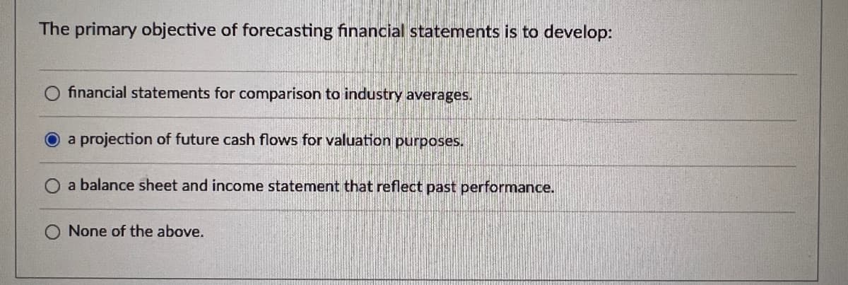 The primary objective of forecasting financial statements is to develop:
financial statements for comparison to industry averages.
O a projection of future cash flows for valuation purposes.
a balance sheet and income statement that reflect past performance.
None of the above.