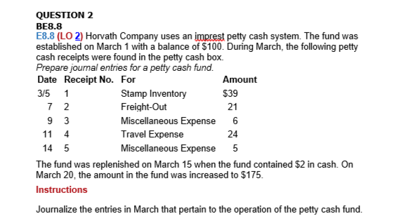 QUESTION 2
BE8.8
E8.8 (LO 2) Horvath Company uses an jimprest petty cash system. The fund was
established on March 1 with a balance of $100. During March, the following petty
cash receipts were found in the petty cash box.
Prepare joumal entries for a petty cash fund.
Date Receipt No. For
Amount
3/5
1
Stamp Inventory
$39
7 2
9 3
Freight-Out
21
Miscellaneous Expense
11 4
Travel Expense
24
14 5
Miscellaneous Expense 5
The fund was replenished on March 15 when the fund contained $2 in cash. On
March 20, the amount in the fund was increased to $175.
Instructions
Journalize the entries in March that pertain to the operation of the petty cash fund.
