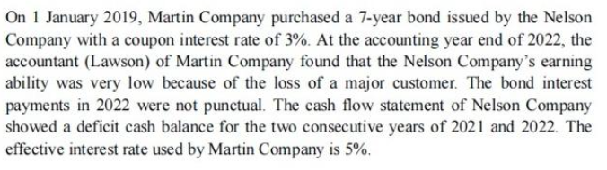 On 1 January 2019, Martin Company purchased a 7-year bond issued by the Nelson
Company with a coupon interest rate of 3%. At the accounting year end of 2022, the
accountant (Lawson) of Martin Company found that the Nelson Company's earning
ability was very low because of the loss of a major customer. The bond interest
payments in 2022 were not punctual. The cash flow statement of Nelson Company
showed a deficit cash balance for the two consecutive years of 2021 and 2022. The
effective interest rate used by Martin Company is 5%.