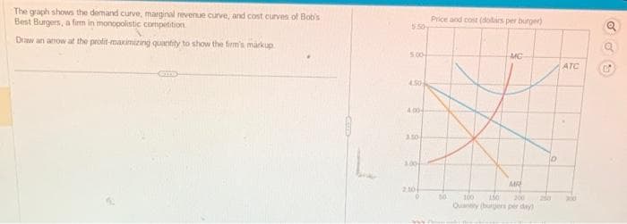 The graph shows the demand curve, marginal revenue curve, and cost curves of Bob's
Best Burgers, a firm in monopolistic competition
Draw an arrow at the profit-maximizing quantity to show the firm's markup
5.50
5.00
4.50
4004
350
100
2.50
Price and cost (dollars per burger)
50
MG
D
ATC
MR
100 150 200 250 300
Quantity (burgers per day)
POO