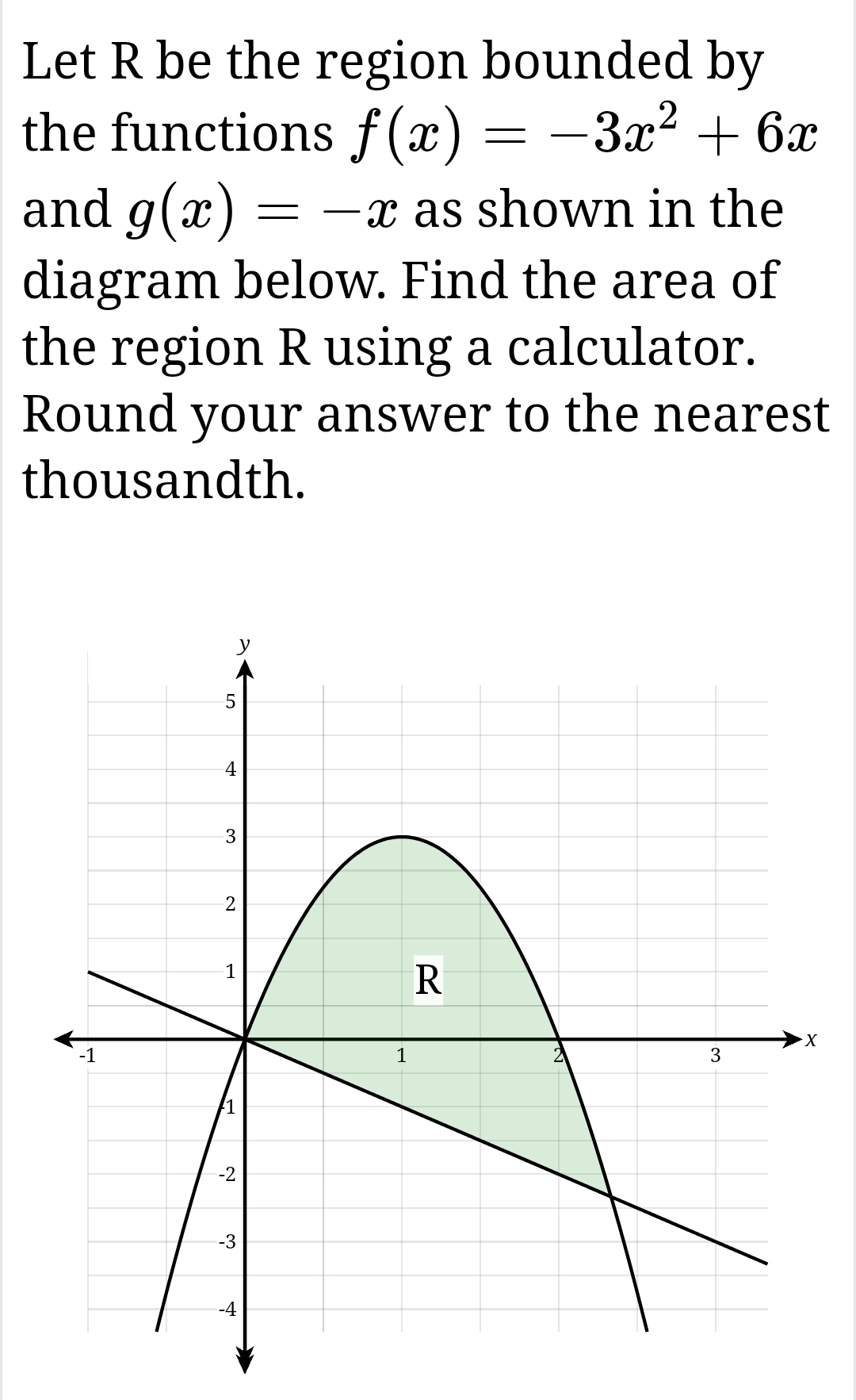 Let R be the region bounded by
2
the functions f(x) -3x² + 6x
and g(x)
-
=
―x as shown in the
diagram below. Find the area of
the region R using a calculator.
Round your answer to the nearest
thousandth.
-1
y
5
4
3
21
1
R
T
-2
-3
-4
1
X
3