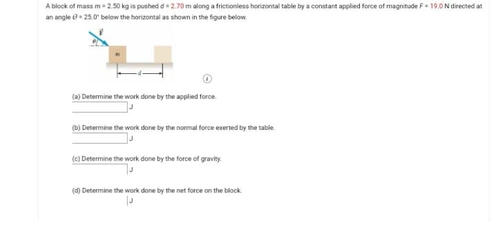 A block of mass m = 2.50 kg is pushed d = 2.70 m along a frictioniess horizontal table by a constant applied force of magnitude F = 19.0 N directed at
an angle e = 25.0° below the horizontal as shown in the figure below.
(a) Determine the work done by the applied force.
(b) Determine the work done by the normal force exerted by the table.
(c) Determine the work done by the force of gravity.
(d) Determine the work done by the net force on the block.
