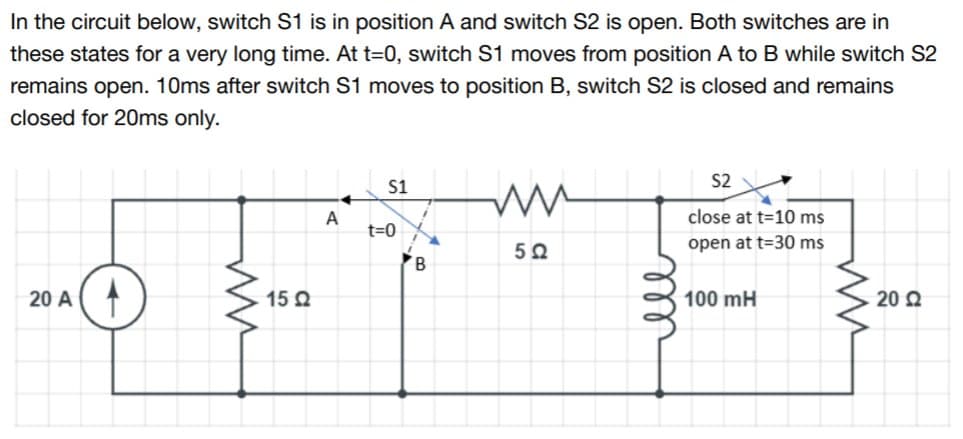 In the circuit below, switch S1 is in position A and switch S2 is open. Both switches are in
these states for a very long time. At t=0, switch S1 moves from position A to B while switch S2
remains open. 10ms after switch S1 moves to position B, switch S2 is closed and remains
closed for 20ms only.
S1
S2
close at t=10 ms
A
t=0
50
open at t=30 ms
20 A
15 Q
100 mH
20 2
ll
