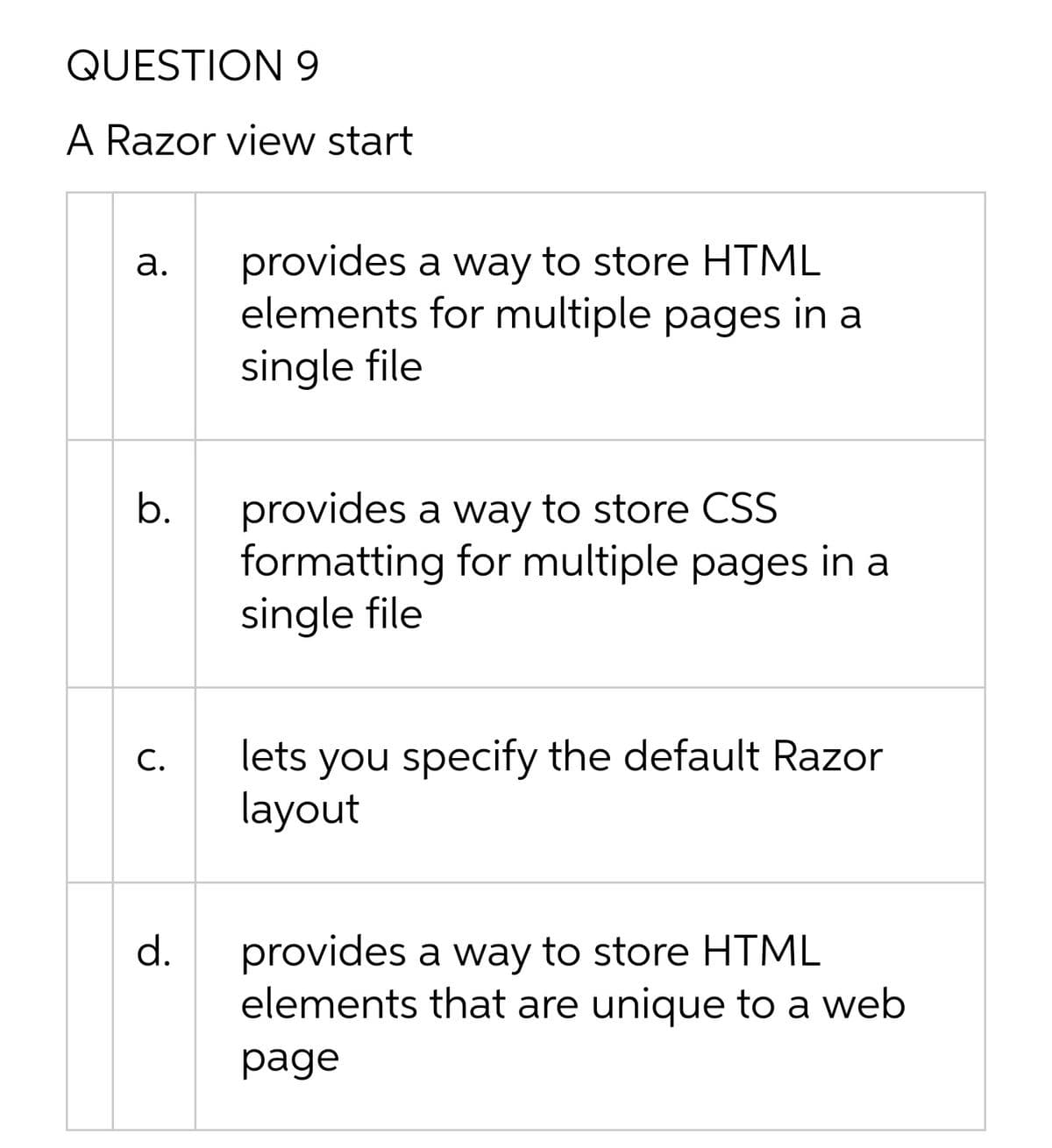 QUESTION 9
A Razor view start
provides a way to store HTML
elements for multiple pages in a
single file
а.
provides a way to store CSS
formatting for multiple pages in a
single file
b.
lets you specify the default Razor
layout
С.
provides a way to store HTML
elements that are unique to a web
d.
рage
