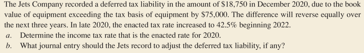 The Jets Company recorded a deferred tax liability in the amount of $18,750 in December 2020, due to the book
value of equipment exceeding the tax basis of equipment by $75,000. The difference will reverse equally over
the next three years. In late 2020, the enacted tax rate increased to 42.5% beginning 2022.
a.
Determine the income tax rate that is the enacted rate for 2020.
b. What journal entry should the Jets record to adjust the deferred tax liability, if any?