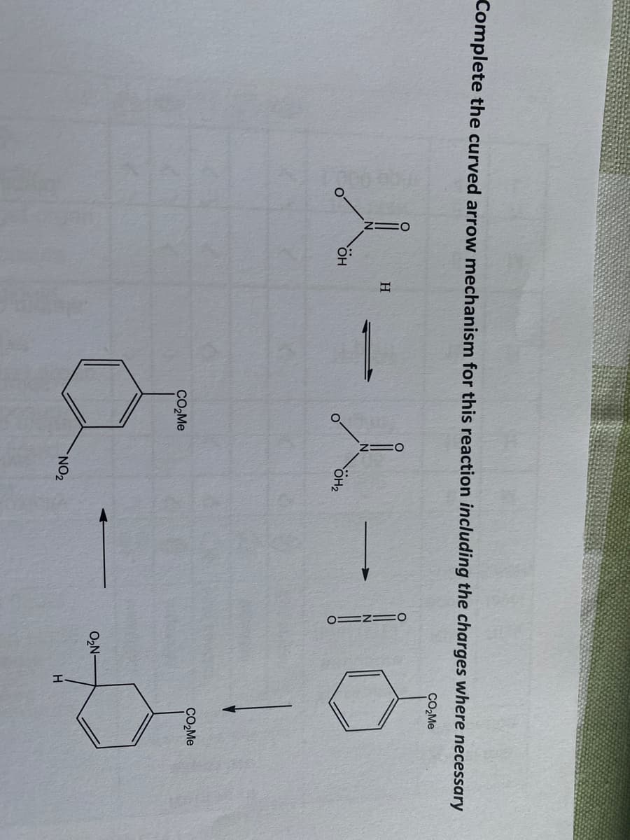 Complete the curved arrow mechanism for this reaction including the charges where necessary
CO,Me
N
8-5
CO,Me
O2N-
NO2
