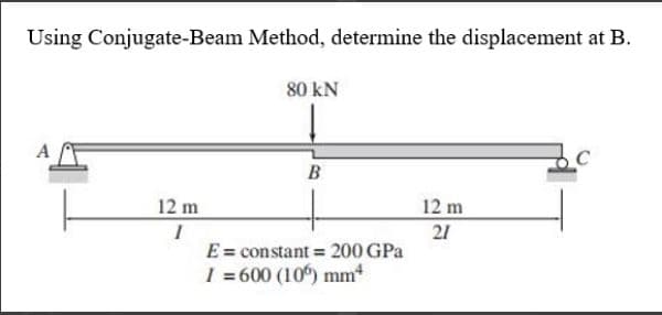 Using Conjugate-Beam Method, determine the displacement at B.
12 m
I
80 KN
B
E = constant = 200 GPa
I=600 (106) mm²
12 m
21