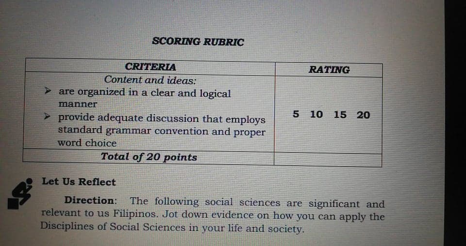 SCORING RUBRIC
CRITERIA
RATING
Content and ideas:
> are organized in a clear and logical
manner
5 10
15 20
> provide adequate discussion that employs
standard grammar convention and proper
word choice
Total of 20 points
Let Us Reflect
Direction:
The following social sciences are significant and
relevant to us Filipinos. Jot down evidence on how you can apply the
Disciplines of Social Sciences in your life and society.
