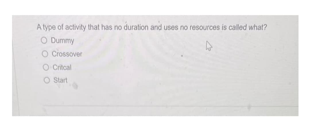 A type of activity that has no duration and uses no resources is called what?
O Dummy
O Crossover
Critcal
Start