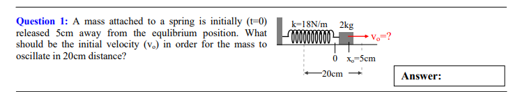 Question 1: A mass attached to a spring is initially (t=0)
released 5cm away from the equlibrium position. What
should be the initial velocity (v.) in order for the mass to
k=18N/m
2kg
00000
oscillate in 20cm distance?
0 x,=5cm
-20cm
Answer:
