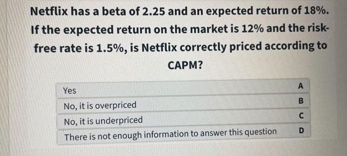 Netflix has a beta of 2.25 and an expected return of 18%.
If the expected return on the market is 12% and the risk-
free rate is 1.5%, is Netflix correctly priced according to
CAPM?
Yes
No, it is overpriced
No, it is underpriced
There is not enough information to answer this question
A
B
C
D