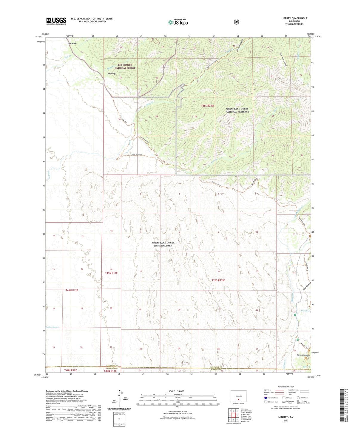 37.8750°
USGS
science for a changing world
U.S. DEPARTMENT OF THE INTERIOR
U.S. GEOLOGICAL SURVEY
-105.6250°
4192000m N
91
8000
7950
90
90
446000m E
47
48
Duncan
Pole Cr
-8200-
-8600-
18
-9000-
-8800-
-9800-
9600
Short Cr
RIO GRANDE
NATIONAL FOREST
Liberty
19
89
30
88
L7800
88
87
7800
86
98
85
Sand
8000
84
14
13
83
33
82
62
OOLLY
81
188
-8000
14
49
-9600-
9000
8800
17
The National Map
US Topo
17
50
10800
-11400
11200
11000-
51
-0090
10200-
-9800-
10000-
10400-
9200-
<8200
-8200-
-8400-
Sand Cr
8400
Track
Road
ad Trl
Unimproved Tri
18
00
Sand Ramp Trl
8000
2006-
29
9000-
-9600-
10400-
10200
16
8800
-9800-
-10800
-10600
UAS
52
53
9000
8800
-9600)
9400-
9200-
Upper Sand Creek Trl
-9000-
Sand C
15
9600-
Clevela
Gulch
0086
9200-
-9400-
28
9200-
9400
9800-
10000
8800
8600
8400
-8600
J
7
23
24
19
18
T41N R13
26
80
60
Indian Spring
79
35
T41N R12E
25
30
19
19
36
36
2
T40N R12E 1
45
46
47
37.7500°
17
-105.6250°
SAGUACHE CO
6 ALAMOSA CO
T40N R13E
30
30
31
48
Produced by the United States Geological Survey
North American Datum of 1983 (NAD83)
World Geodetic System of 1984 (WGS84). Projection and
1 000-meter grid: Universal Transverse Mercator, Zone 13S
This map is not a legal document. Boundaries may be
generalized for this map scale. Private lands within government
reservations may not be shown. Obtain permission before
entering private lands.
.NAIP, October 2017 January 2018
U.S.
Census Bureau,
2019
Service
Lands....
.FSTopo Data
with limited Forest Service updates, Not Available
.GNIS, 1978 2017
.National Hydrography Dataset, 2004 - 2019
.National Elevation Dataset, 2021
see metadata file 2015
Imagery..
Roads..
Roads within US
Forest
Names.......
Hydrography.
Contours.....
Boundaries...
Public Land Survey System...
Wetlands...
.Multiple sources;
..FWS
National
Wetlands
MN
GN
8°13'
146 MILS
0°21'
6 MILS
UTM GRID AND 2019 MAGNETIC NORTH
DECLINATION AT CENTER OF SHEET
U.S. National Grid
100,000 m Square ID
2021
.BLM,
2021
DB
Inventory
1983
Grid Zone Designation.
13S
8400
GREAT SAND DUNES
NATIONAL PARK
49
-0078-
-8200
8400
5
8400
8
17
20
33
29
T25S-R73W
8400-
10000-
-9400-
10200
22
10600
10400-
10800
1,1200
1-1000-
11800
GREAT SAND DUNES
NATIONAL PRESERVE
10400
-10800-
10600-
10200
10000
-9600-
-9400
8800
Cold/Cr
9200
Coo+8-
مع
0
8400
27
-9800)
9000
Sand Ramp Trl
9000
8400
Ро
8800
16
34
T26S R73W
21
осохо
8400-00
28
-9200-
9600
9400
1.1.400
9800-
0098)
54
54
0000
14
-10200-
-10400-
10600-
11600-
Sand Ramp
3
10800
23
-9400-
8600
1.0
SAGUACHE CO
ALAMOSA Ce
32
CC33
50
50
51
52
53
SCALE 1:24 000
1
0.5
0
KILOMETERS
1
1000
500
0
METERS
1000
0.5
0
2
2000
1
MILES
1000
0
1000
2000
3000
4000
5000
6000
7000
8000
9000
10000
FEET
CONTOUR INTERVAL 40 FEET
NORTH AMERICAN VERTICAL DATUM OF 1988
This map was produced to conform with the
National Geospatial Program US Topo Product Standard.
COLORADO
10000
26
LIBERTY QUADRANGLE
COLORADO
7.5-MINUTE SERIES
55
Slide Rock Canyon
1-1800
12000-
-10200-
(35
10200
-8800-
1400-
1-1200
8600-
-8600-
QUADRANGLE LOCATION
0098
-8600-
22
22
<0098
8600
во
27
8600
1 Crestone
1
2
3
2 Crestone Peak
3 Beck Mountain
4
5
4 Sand Camp
5 Medano Pass
6 Medano Ranch
6 7 8
7 Zapata Ranch
ADJOINING QUADRANGLES
8 Mosca Pass
8400-
8400-
6088
34
54
-9200-
8600-
-8400-
11000
11400
13
Smith Cr
-12400-
1-1000-
-9800
24
1-1800
Expressway
Secondary Hwy
Ramp
1-1800
-105.5000°
56
92
37.8750°
11800
91
1.1600-
90
12200
89
25
-12000-
-8600-
88
36
87
-10800
10600-
<8400
10400-
Redano Cr
11
9000
Sand
Ramp
mp Trl
014
-8200-
Medano Cr
Medano Cr
・
-8400
86
85
8600-
Sand Ramp Trl
84
83
Horse Canyon
Castle Cr
23
A
82
Sand Pit Trl,
81
80
26
Sawmill Canyon-
455000mE
8400
Buck Cr
35
ROAD CLASSIFICATION
Local Connector
Local Road
4WD
4179000m N
37.7500°
-105.5000°
Interstate Route
US Route
FS Primary Route
FS Passenger
Route
State Route
FS High
Clearance Route
Check with local Forest Service unit
for current travel conditions and restrictions.
LIBERTY, CO
2022
NSN.
7 6 4 3 0 1 6 3 5 9 2 4 6
NGA REF NO. USGS X 24 K 256 12