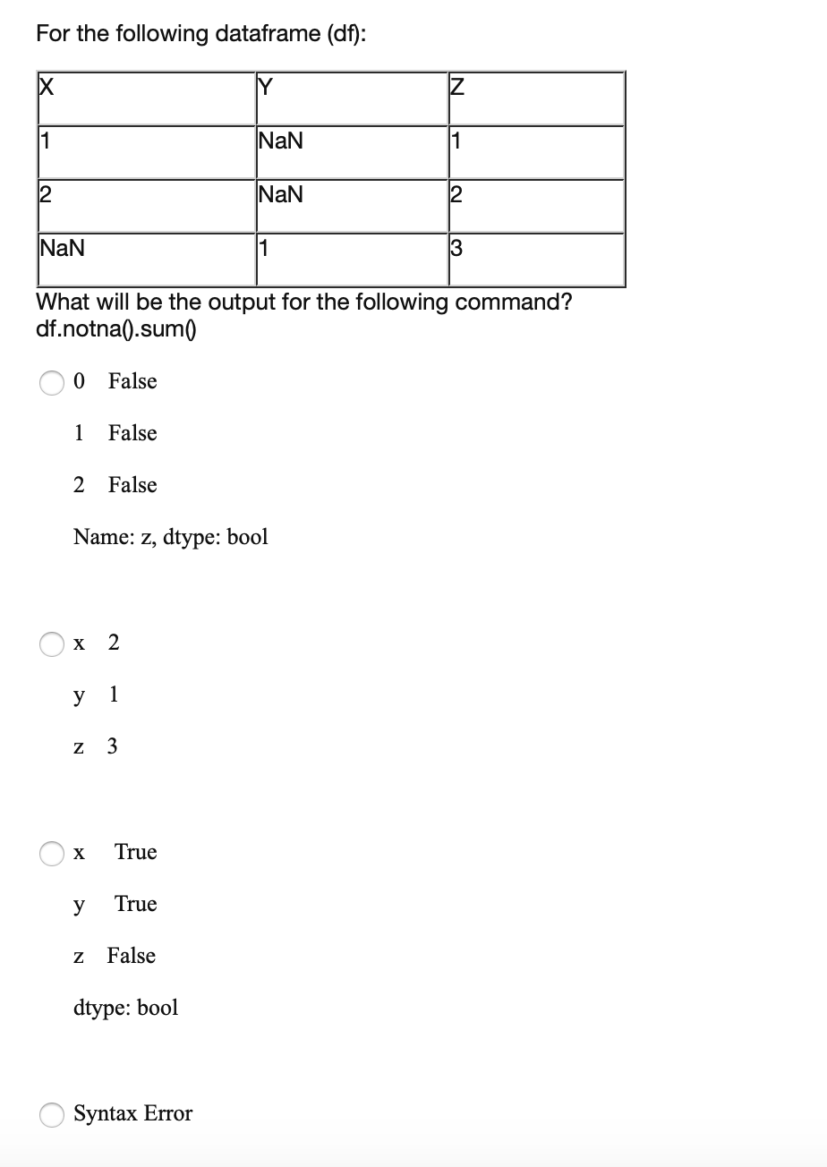 For the following dataframe (df):
1
NaN
1
NaN
2
NaN
1
3
What will be the output for the following command?
df.notna().sum)
0 False
1
False
2 False
Name: z, dtype: bool
х 2
у 1
z 3
X
True
y
True
z False
dtype: bool
Syntax Error
