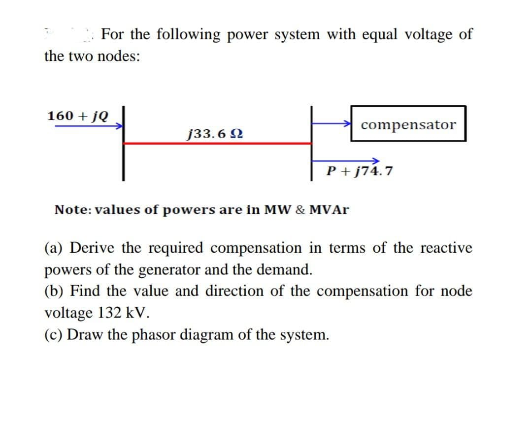 For the following power system with equal voltage of
the two nodes:
160 + jQ
compensator
j33.6 Ω
P+j74.7
Note: values of powers are in MW & MVAr
(a) Derive the required compensation in terms of the reactive
powers of the generator and the demand.
(b) Find the value and direction of the compensation for node
voltage 132 kV.
(c) Draw the phasor diagram of the system.