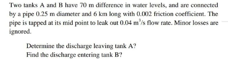 Two tanks A and B have 70 m difference in water levels, and are connected
by a pipe 0.25 m diameter and 6 km long with 0.002 friction coefficient. The
pipe is tapped at its mid point to leak out 0.04 m³/s flow rate. Minor losses are
ignored.
Determine the discharge leaving tank A?
Find the discharge entering tank B?
