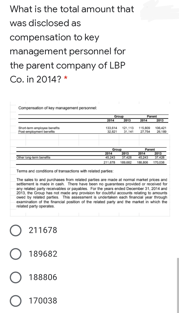 What is the total amount that
was disclosed as
compensation to key
management personnel for
the parent company of LBP
Co. in 2014? *
Compensation of key management personnel:
Group
Parent
2013
2014
2013
2014
Short-term employee benefits
Post-employment benefits
133,614
32,821
121,113
31,141
115,809
27,754
106,421
26.189
Group
Parent
2014
2013
45,243
2014
2013
Other long-term benefits
45,243
37,428
37,428
211,678
189.682
188,806
170,038
Terms and conditions of transactions with related parties:
The sales to and purchases from related parties are made at normal market prices and
settlement is made in cash. There have been no guarantees provided or received for
any related party receivables or payables. For the years ended December 31, 2014 and
2013, the Group has not made any provision for doubtful accounts relating to amounts
owed by related parties. This assessment is undertaken each financial year through
examination of the financial position of the related party and the market in which the
related party operates.
211678
189682
188806
170038
