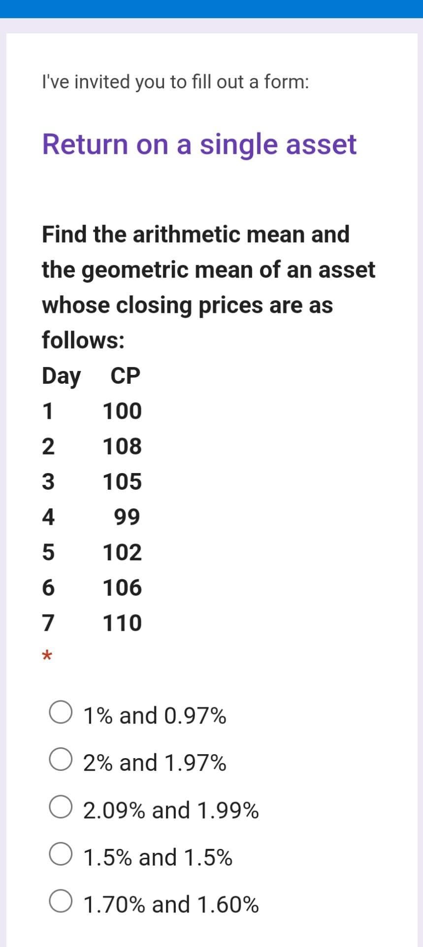I've invited you to fill out a form:
Return on a single asset
Find the arithmetic mean and
the geometric mean of an asset
whose closing prices are as
follows:
Day CP
1
100
2
108
3
105
4
99
5
102
6
106
7
110
*
1% and 0.97%
2% and 1.97%
2.09% and 1.99%
1.5% and 1.5%
1.70% and 1.60%